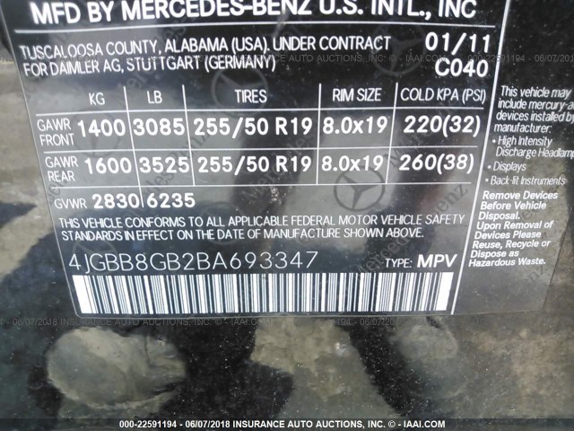 4JGBB8GB2BA693347 - 2011 MERCEDES-BENZ ML 350 4MATIC BLACK photo 9