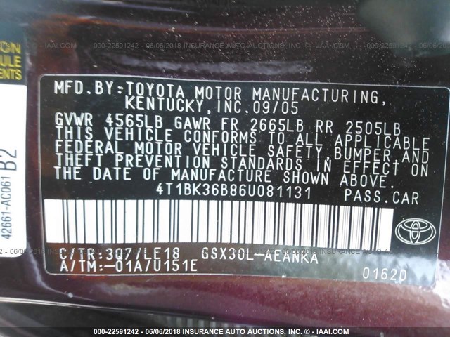 4T1BK36B86U081131 - 2006 TOYOTA AVALON XL/XLS/TOURING/LIMITED MAROON photo 9