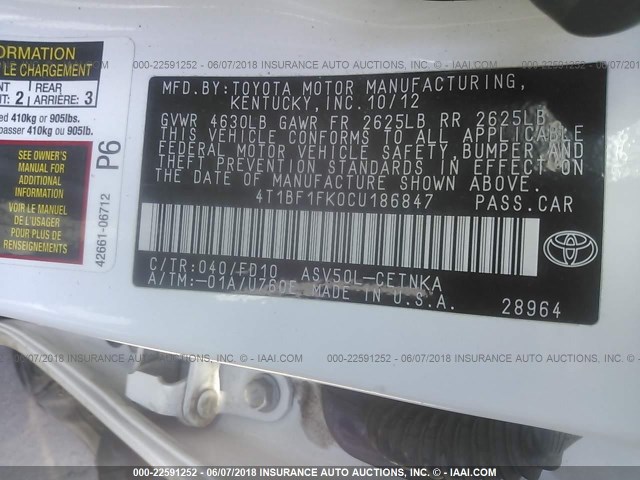 4T1BF1FK0CU186847 - 2012 TOYOTA CAMRY SE/LE/XLE 白色 照片 9