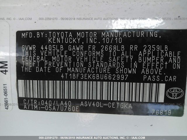 4T1BF3EK6BU662997 - 2011 TOYOTA CAMRY SE/LE/XLE WHITE photo 9
