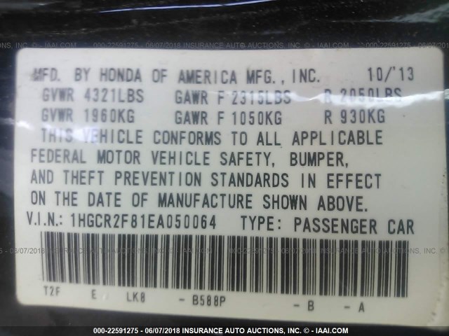 1HGCR2F81EA050064 - 2014 HONDA ACCORD EXL BLUE photo 9