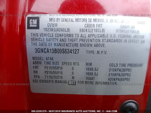 3GNCA13B09S634127 - 2009 CHEVROLET HHR LS RED photo 9