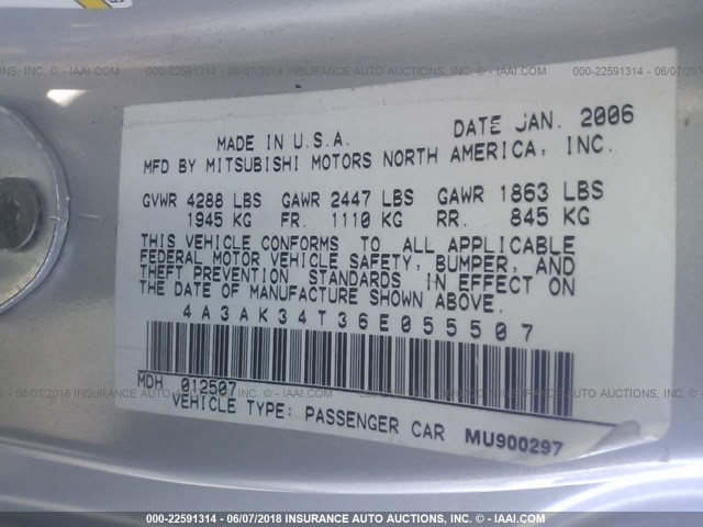 4A3AK34T36E055507 - 2006 MITSUBISHI ECLIPSE GT SILVER photo 9