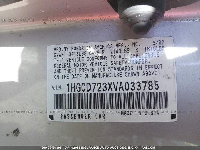 1HGCD723XVA033785 - 1997 HONDA ACCORD LX SILVER photo 9