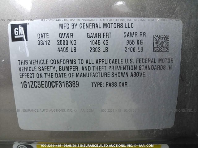 1G1ZC5E00CF318389 - 2012 CHEVROLET MALIBU 1LT 锡色 照片 9