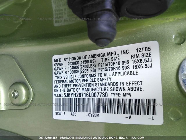 5J6YH28716L007730 - 2006 HONDA ELEMENT EX GREEN photo 9