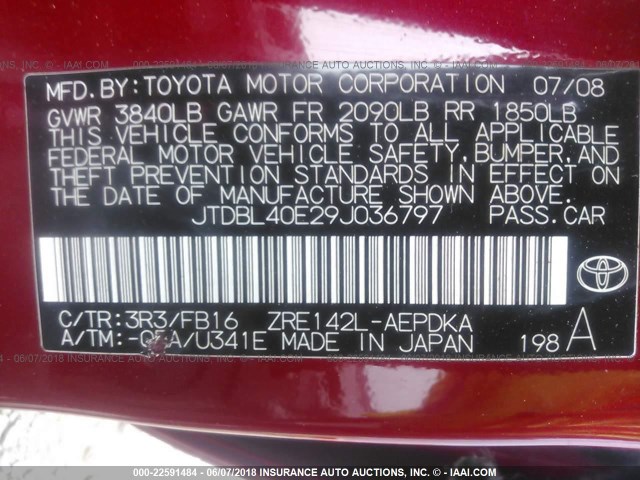 JTDBL40E29J036797 - 2009 TOYOTA COROLLA LE/XLE RED photo 9