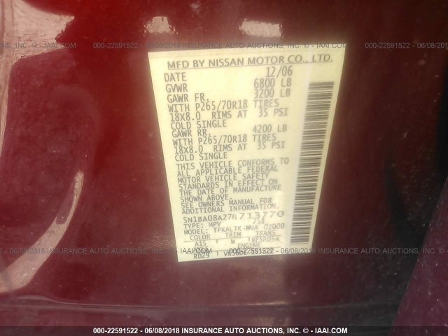 5N1BA08A27N713770 - 2007 NISSAN ARMADA SE/LE RED photo 9