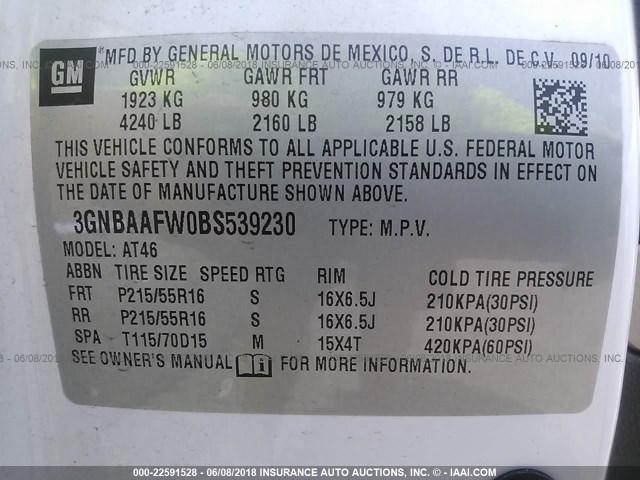 3GNBAAFW0BS539230 - 2011 CHEVROLET HHR LS თეთრი ფოტო 9