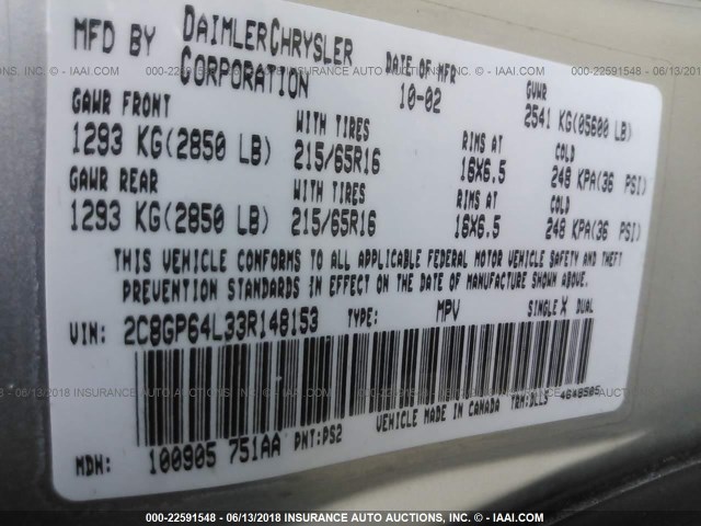 2C8GP64L33R148153 - 2003 CHRYSLER TOWN & COUNTRY LIMITED SILVER photo 9