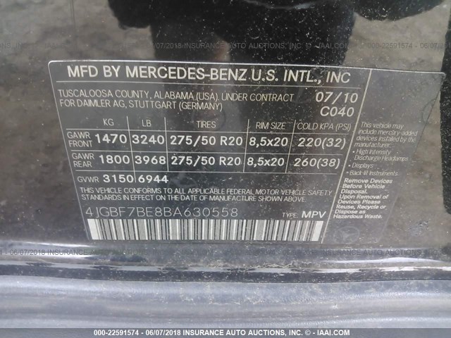 4JGBF7BE8BA630558 - 2011 MERCEDES-BENZ GL 450 4MATIC BLACK photo 9