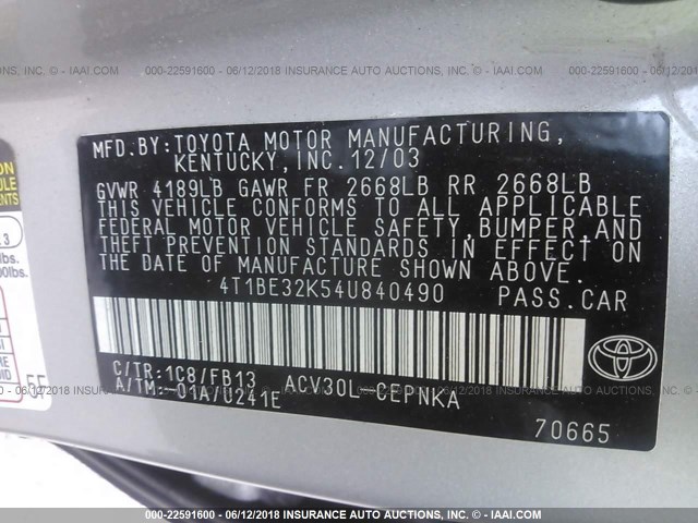 4T1BE32K54U840490 - 2004 TOYOTA CAMRY LE/XLE/SE 黑色 照片 9