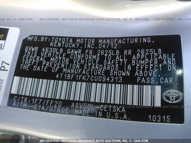 4T1BF1FK7CU094313 - 2012 TOYOTA CAMRY SE/LE/XLE ვერცხლისფერი ფოტო 9