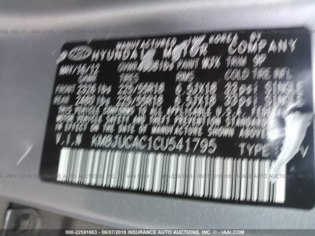 KM8JUCAC1CU541795 - 2012 HYUNDAI TUCSON GLS/LIMITED 银色 照片 9