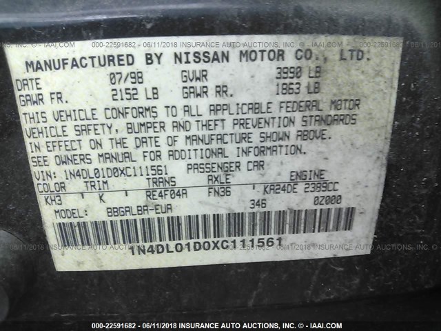 1N4DL01D0XC111561 - 1999 NISSAN ALTIMA XE/GXE/SE/GLE BLACK photo 9