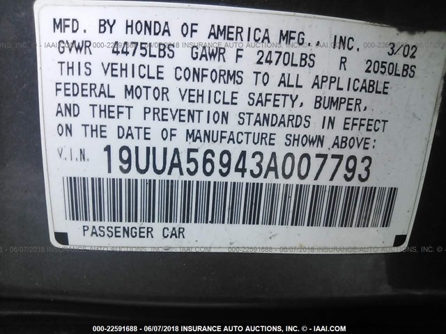 19UUA56943A007793 - 2003 ACURA 3.2TL TYPE-S GRAY photo 9