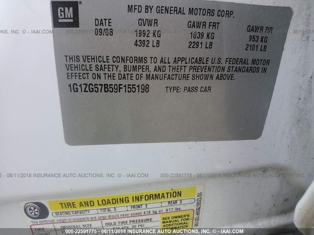 1G1ZG57B59F155198 - 2009 CHEVROLET MALIBU LS WHITE photo 9