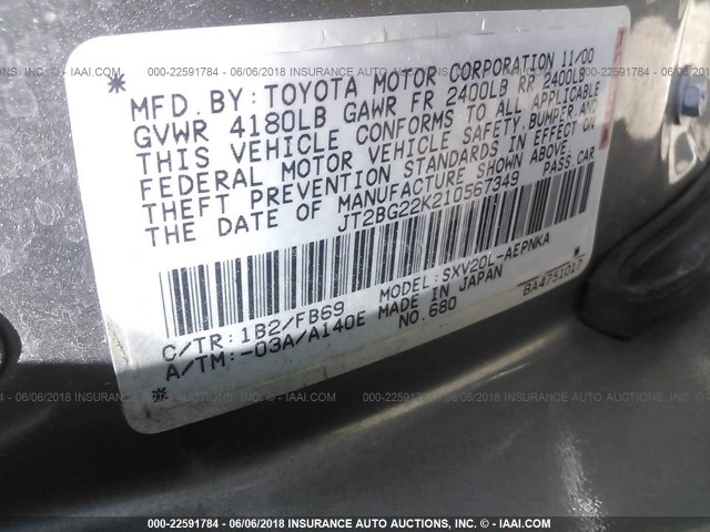 JT2BG22K210567349 - 2001 TOYOTA CAMRY CE/LE/XLE Pewter photo 9