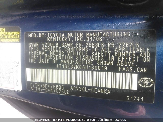 4T1BE32K86U160019 - 2006 TOYOTA CAMRY LE/XLE/SE ლურჯი ფოტო 9