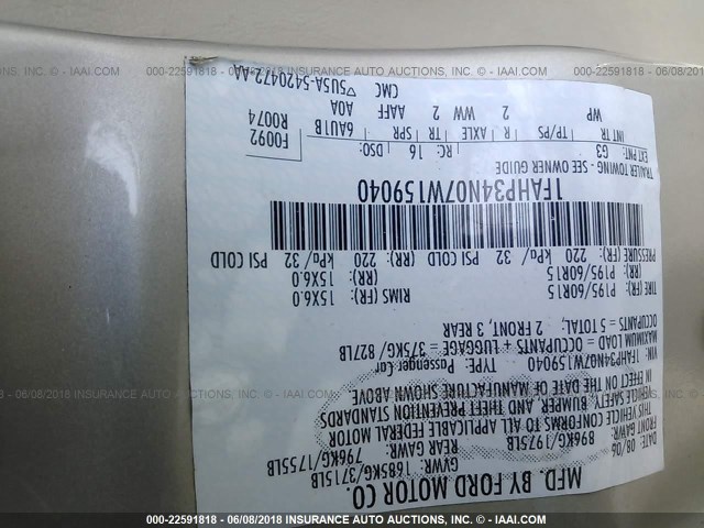 1FAHP34N07W159040 - 2007 FORD FOCUS ZX4/S/SE/SES 金色 照片 9