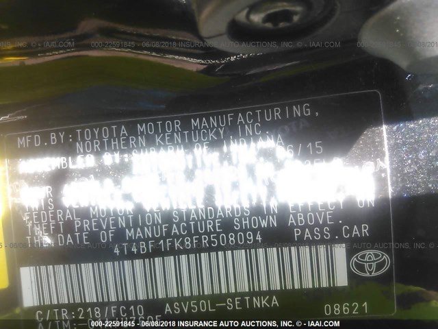 4T4BF1FK8FR508094 - 2015 TOYOTA CAMRY LE/XLE/SE/XSE BLACK photo 9