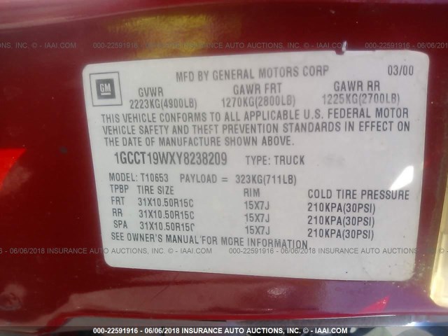 1GCCT19WXY8238209 - 2000 CHEVROLET S TRUCK S10 RED photo 9