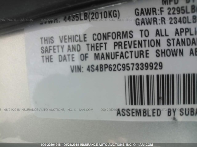 4S4BP62C957339929 - 2005 SUBARU LEGACY OUTBACK 2.5I LIMITED SILVER photo 9