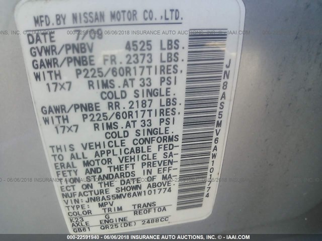 JN8AS5MV6AW101774 - 2010 NISSAN ROGUE S/SL/KROM SILVER photo 9