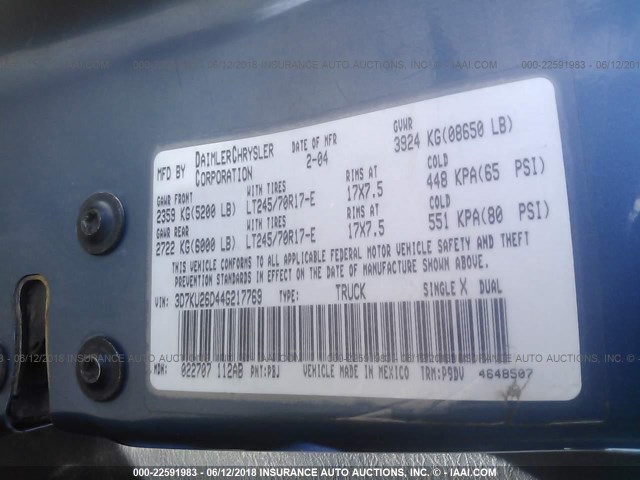3D7KU26D44G217769 - 2004 DODGE RAM 2500 ST/SLT 蓝色 照片 9
