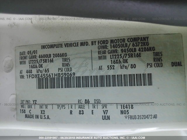 1FDXE45S61HB59069 - 2001 FORD ECONOLINE E450 SUPER DUTY CUTWY VAN 白色 照片 10