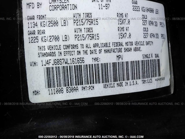 1J4FJ68S7WL161656 - 1998 JEEP CHEROKEE SPORT/CLASSIC ლურჯი ფოტო 9