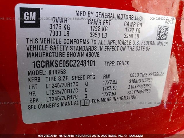 1GCRKSE05CZ243101 - 2012 CHEVROLET SILVERADO K1500 LT RED photo 9