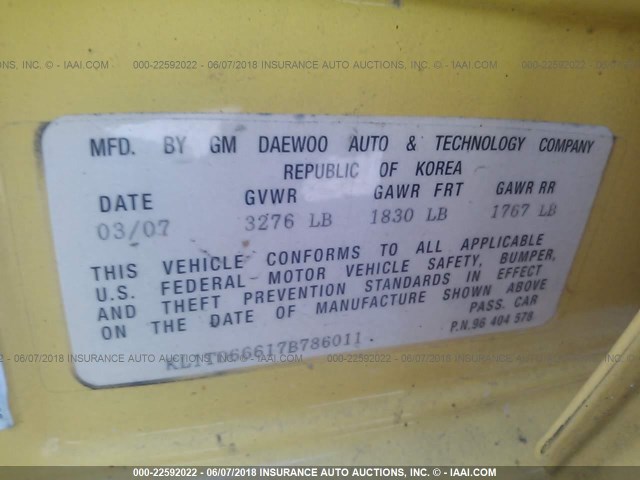 KL1TD66617B786011 - 2007 CHEVROLET AVEO LS YELLOW photo 9