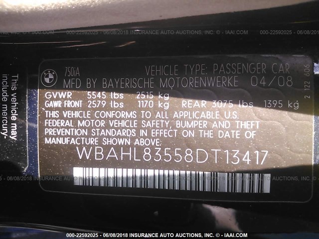WBAHL83558DT13417 - 2008 BMW 750 I Dark Blue photo 9