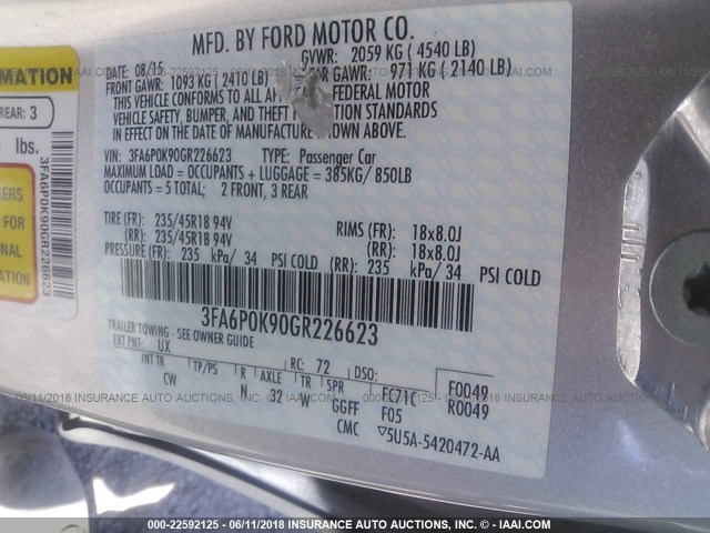 3FA6P0K90GR226623 - 2016 FORD FUSION TITANIUM SILVER photo 9