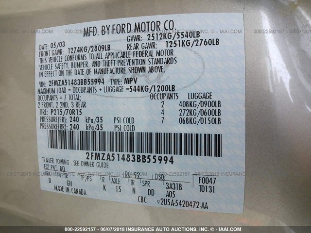 2FMZA51483BB55994 - 2003 FORD WINDSTAR LX GOLD photo 9