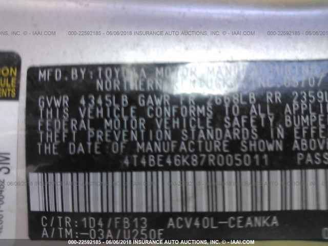 4T4BE46K87R005011 - 2007 TOYOTA CAMRY NEW GENERAT CE/LE/XLE/SE SILVER photo 9