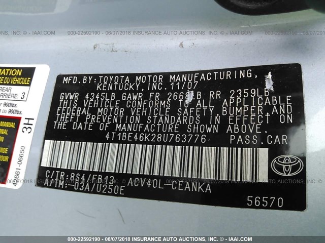 4T1BE46K28U763776 - 2008 TOYOTA CAMRY CE/LE/XLE/SE Light Blue photo 9