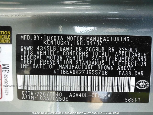 4T1BE46K27U655706 - 2007 TOYOTA CAMRY NEW GENERAT CE/LE/XLE/SE GREEN photo 9