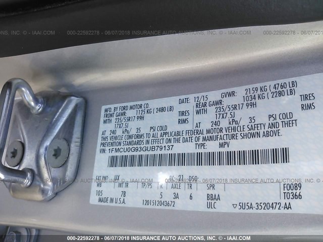 1FMCU0G93GUB79137 - 2016 FORD ESCAPE SE SILVER photo 9