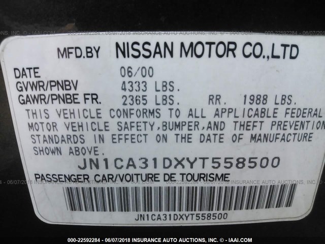 JN1CA31DXYT558500 - 2000 NISSAN MAXIMA GLE/GXE/SE BLACK photo 9