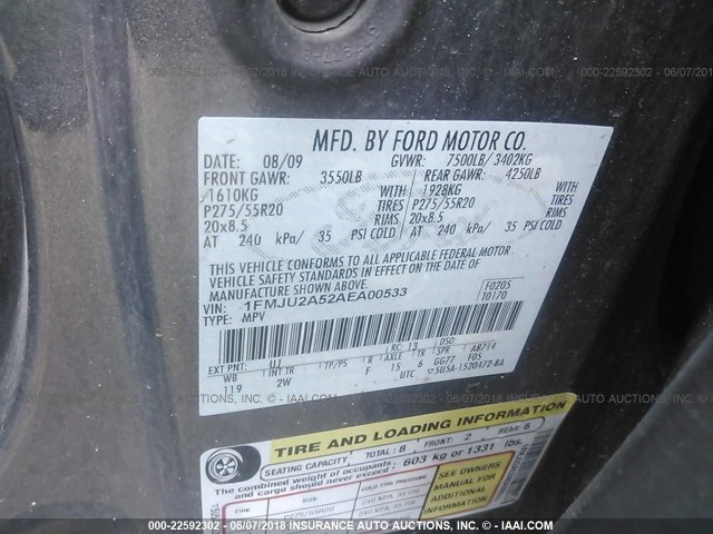 1FMJU2A52AEA00533 - 2010 FORD EXPEDITION LIMITED GRAY photo 9