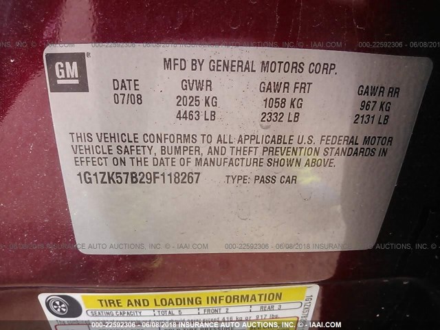 1G1ZK57B29F118267 - 2009 CHEVROLET MALIBU LTZ 红色 照片 9