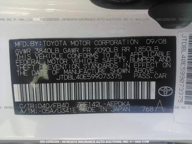 JTDBL40E599073375 - 2009 TOYOTA COROLLA LE/XLE WHITE photo 9