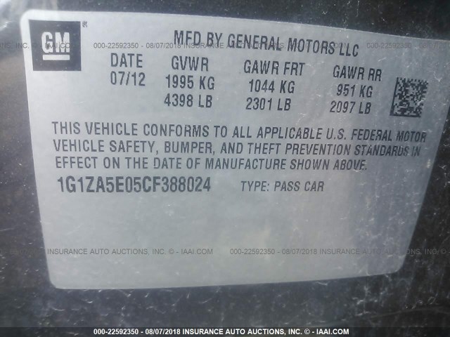 1G1ZA5E05CF388024 - 2012 CHEVROLET MALIBU LS Boz foto 9