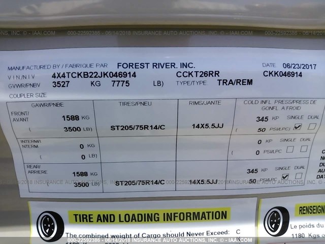 4X4TCKB22JK046914 - 2018 FOREST RIVER CCKT26RR TRAVEL TRAILER  Unknown photo 9