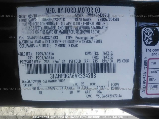 3FAHP0GA6AR324283 - 2010 FORD FUSION S BLACK photo 9