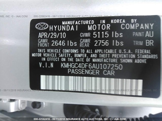 KMHGC4DF6AU107250 - 2010 HYUNDAI GENESIS 4.6L SILVER photo 9