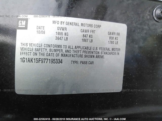 1G1AK15F977195334 - 2007 CHEVROLET COBALT LS BLACK photo 9