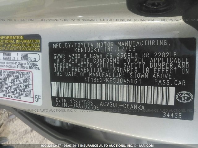 4T1BE32K65U045661 - 2005 TOYOTA CAMRY LE/XLE/SE ვერცხლისფერი ფოტო 9